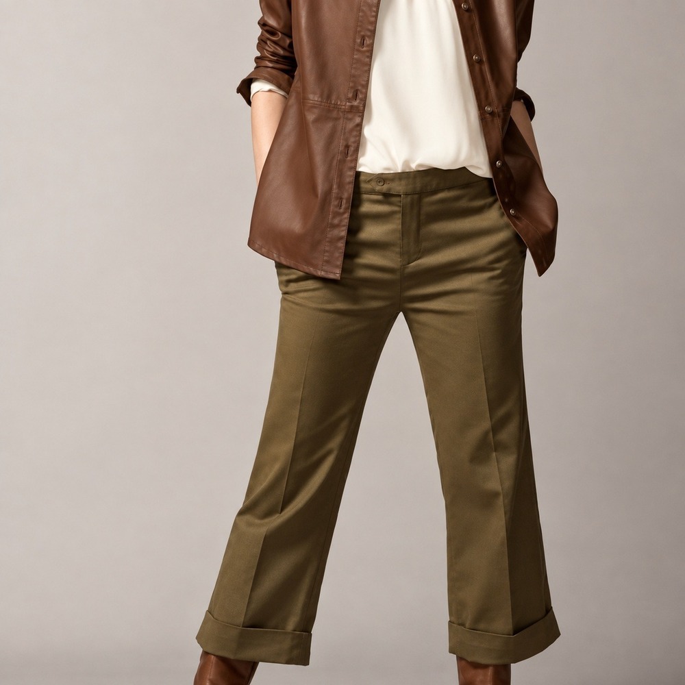 MASSIMO DUTTI Women's Wide Leg Cropped Cuffed Trousers Olive Brown Size 4
